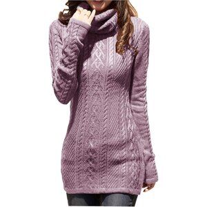 Women's Polo Neck Long Fitted Dress Bodycon Turtleneck Cable Knit Sweater Orchid